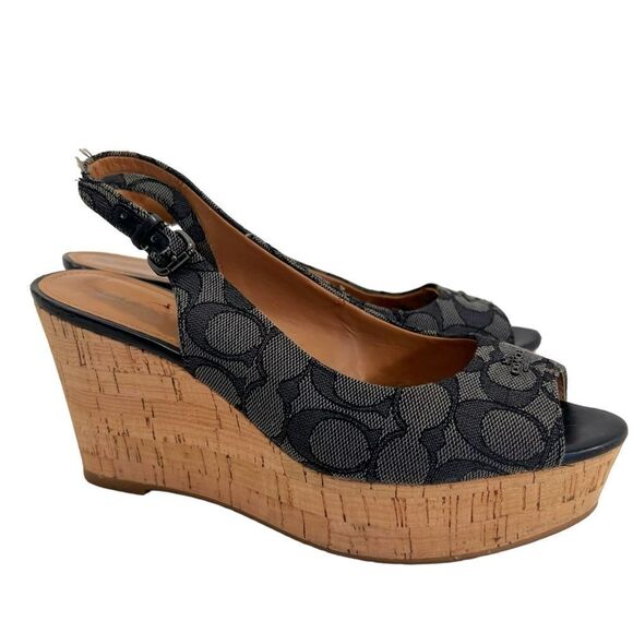 Coach Ferry Wedge Jacquard Monogram Black/Smoke/Black Cork Shoes - Picture 1 of 16